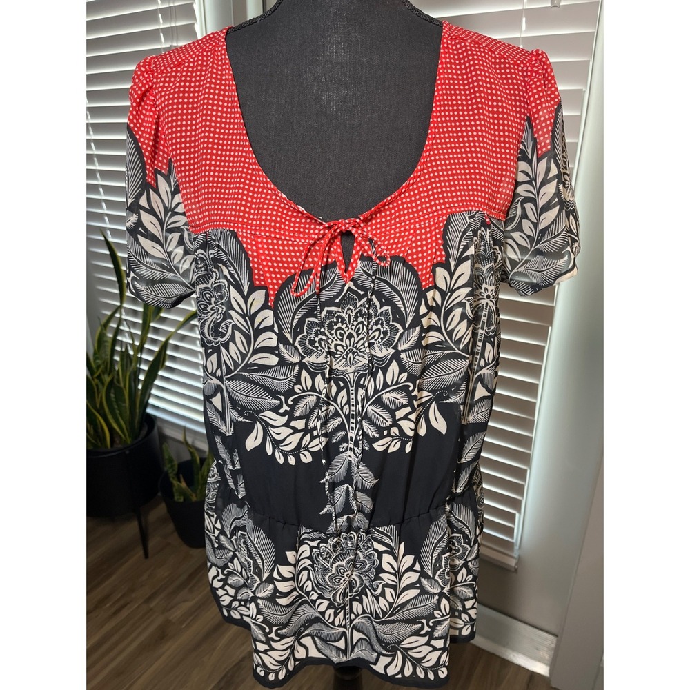 Missimo Boho Peasant Top Large Black White Floral Red Mixed Print Sheer - Picture 2 of 9